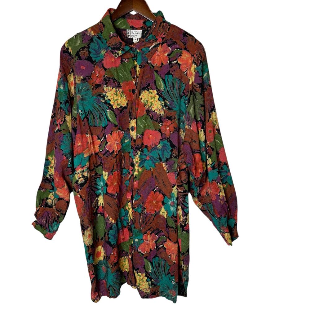Harper‎ Greer Vintage Floral Button Down Tunic Shirt Artsy Eclectic size Small